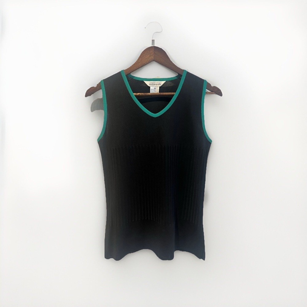Misook‎ Tank Sweater Womens XS Black Green Pipping Ribbed Stretch Career